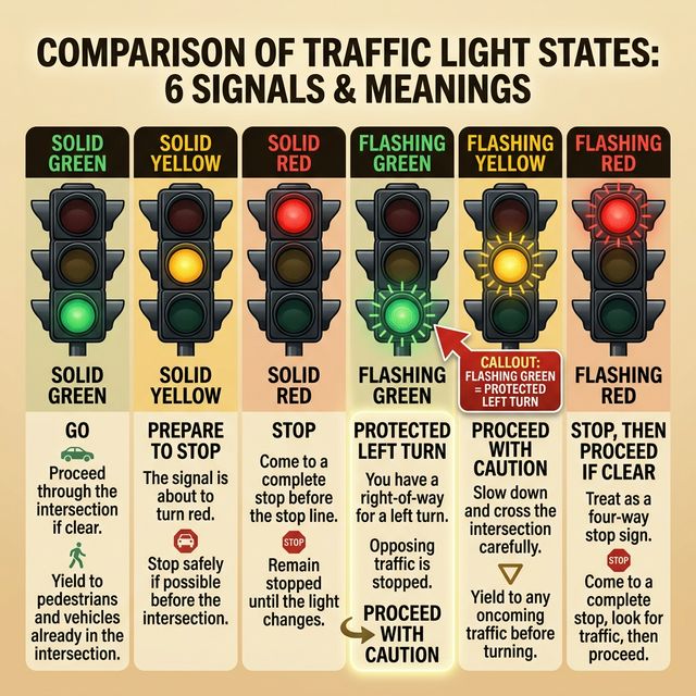 Traffic light comparison diagram showing 6 signal states with explanations