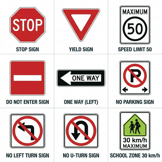 Grid of 9 Canadian regulatory road signs with labels
